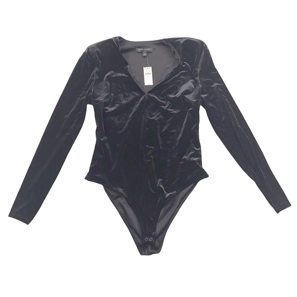 Banana Republic Velvet Long Sleeve V Neck‎ Black Bodysuit S Party Whimsigoth NWT